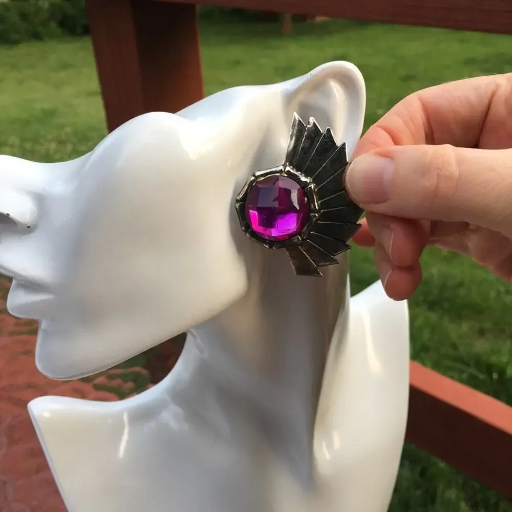 80s style purple accent chrome wing post earrings